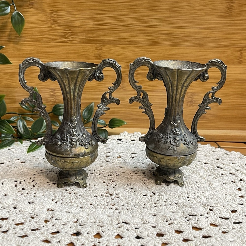 Vintage Brass Bud Vases Pair Ornate Double Handle Made In Italy Floral Embossed